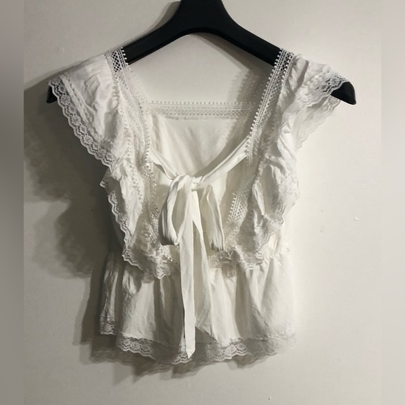 Women’s lace blouse 100% rayon back V-neck tie bow front square neck white. M - Picture 3 of 5